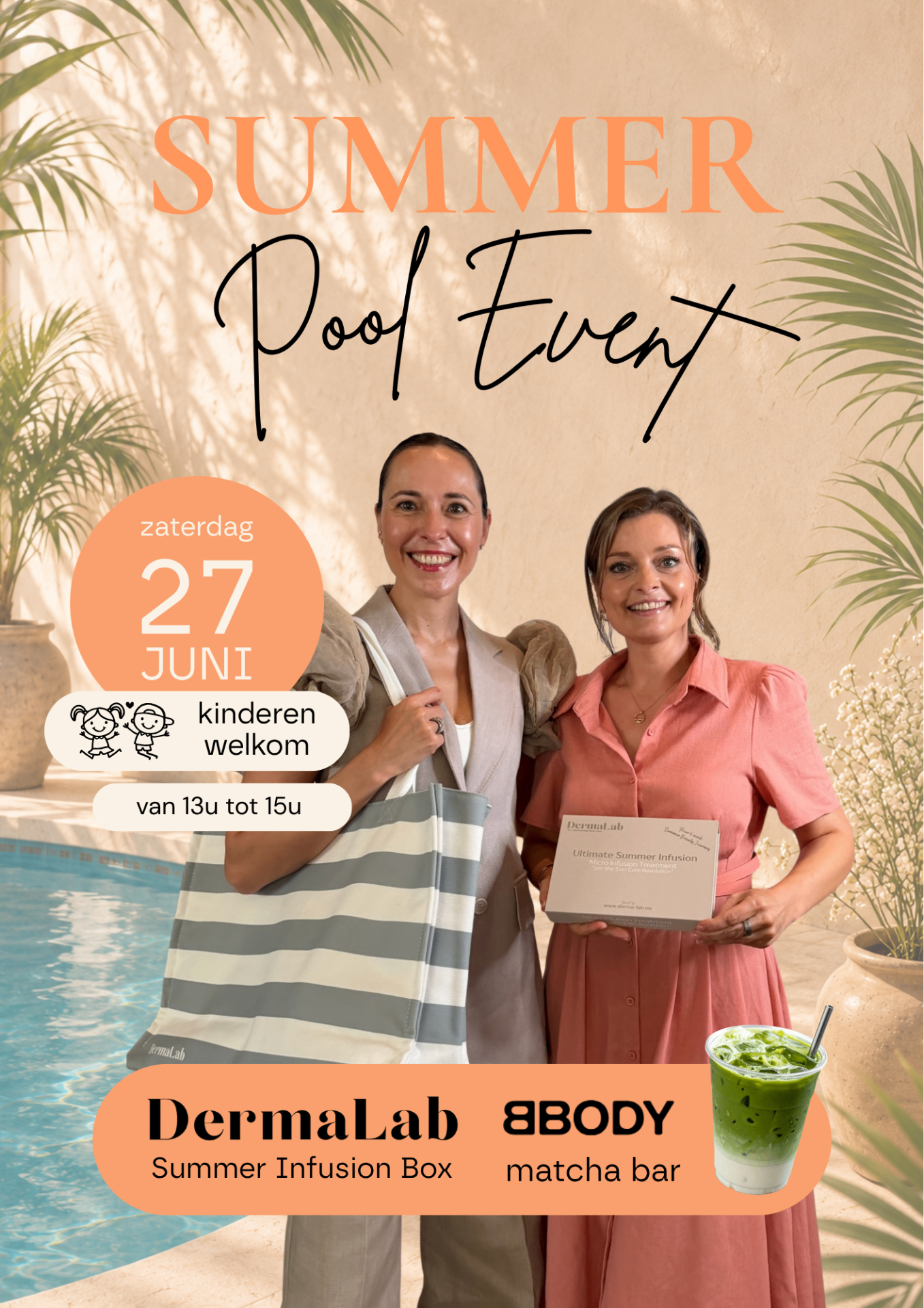 Summer Pool Event poster met Dermalab en BBody